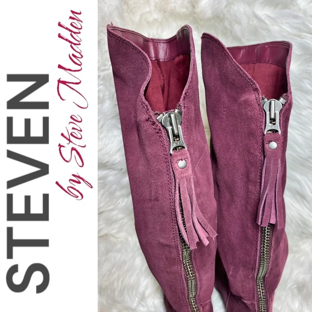 Steven‎ by Steve Madden Larken Burgundy Wine Suede Tall Wedge Boots Boho 7